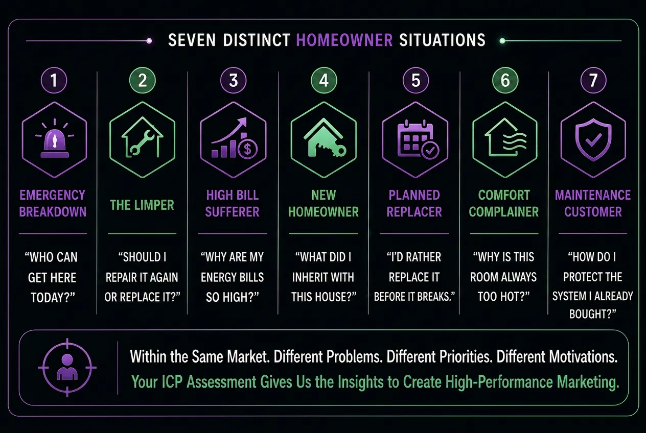 Seven situations that make a homeowner call an HVAC company, used as ad angles