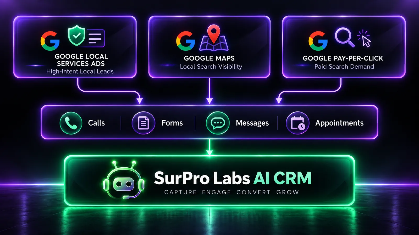 Google acquisition flow for HVAC: Local Services Ads, Maps and paid search into one CRM