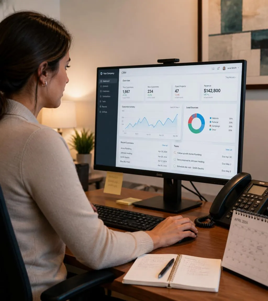 Office manager reviewing customer activity and appointments in a CRM dashboard