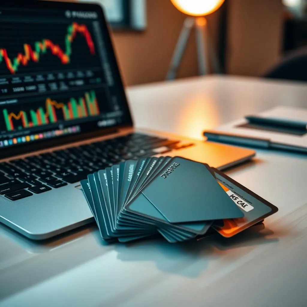 Business Credit Cards Stacked On A Desk With Laptop
