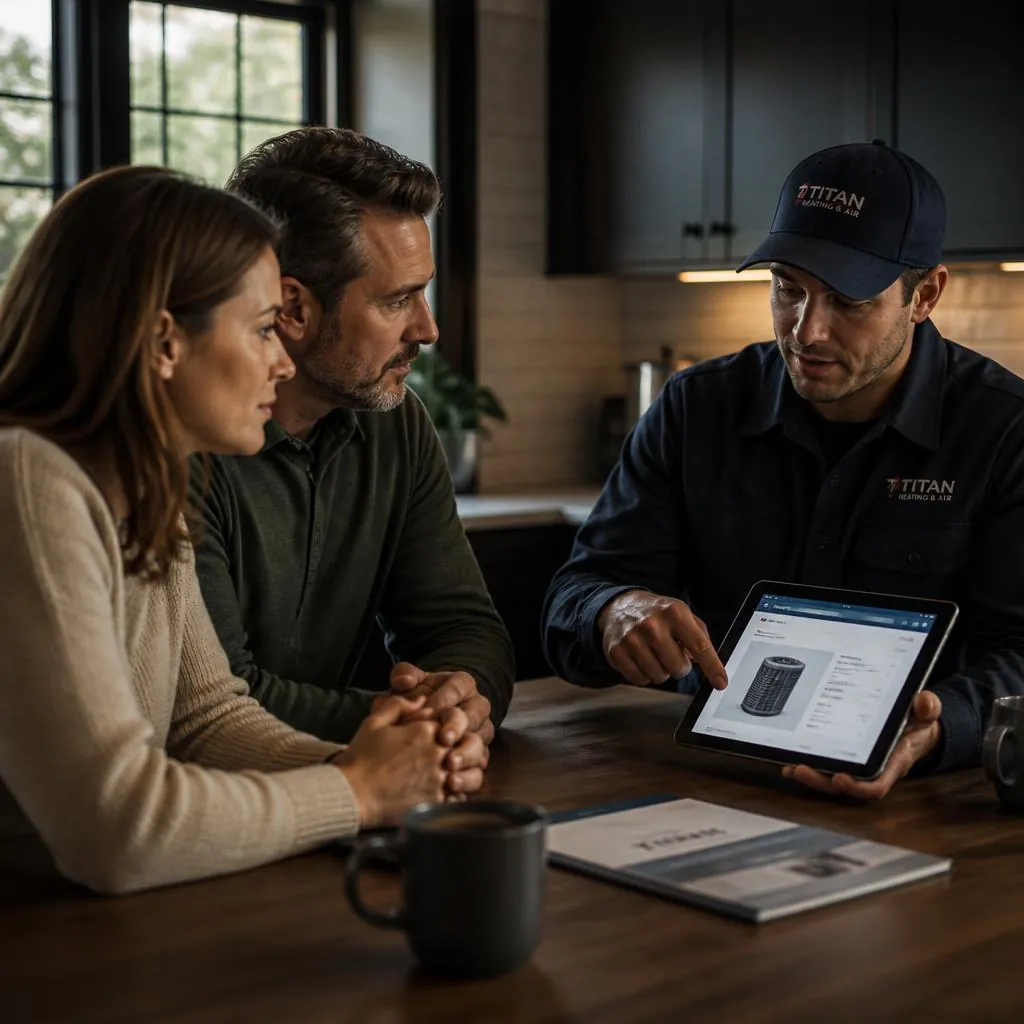 HVAC Technician Reviewing Options With Homeowners At Their Kitchen Table