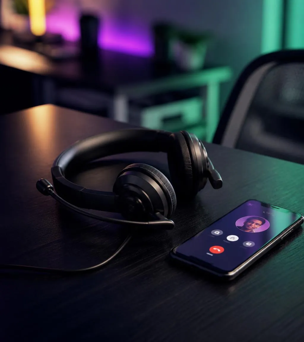 Headset resting on a desk beside a phone showing an active customer call